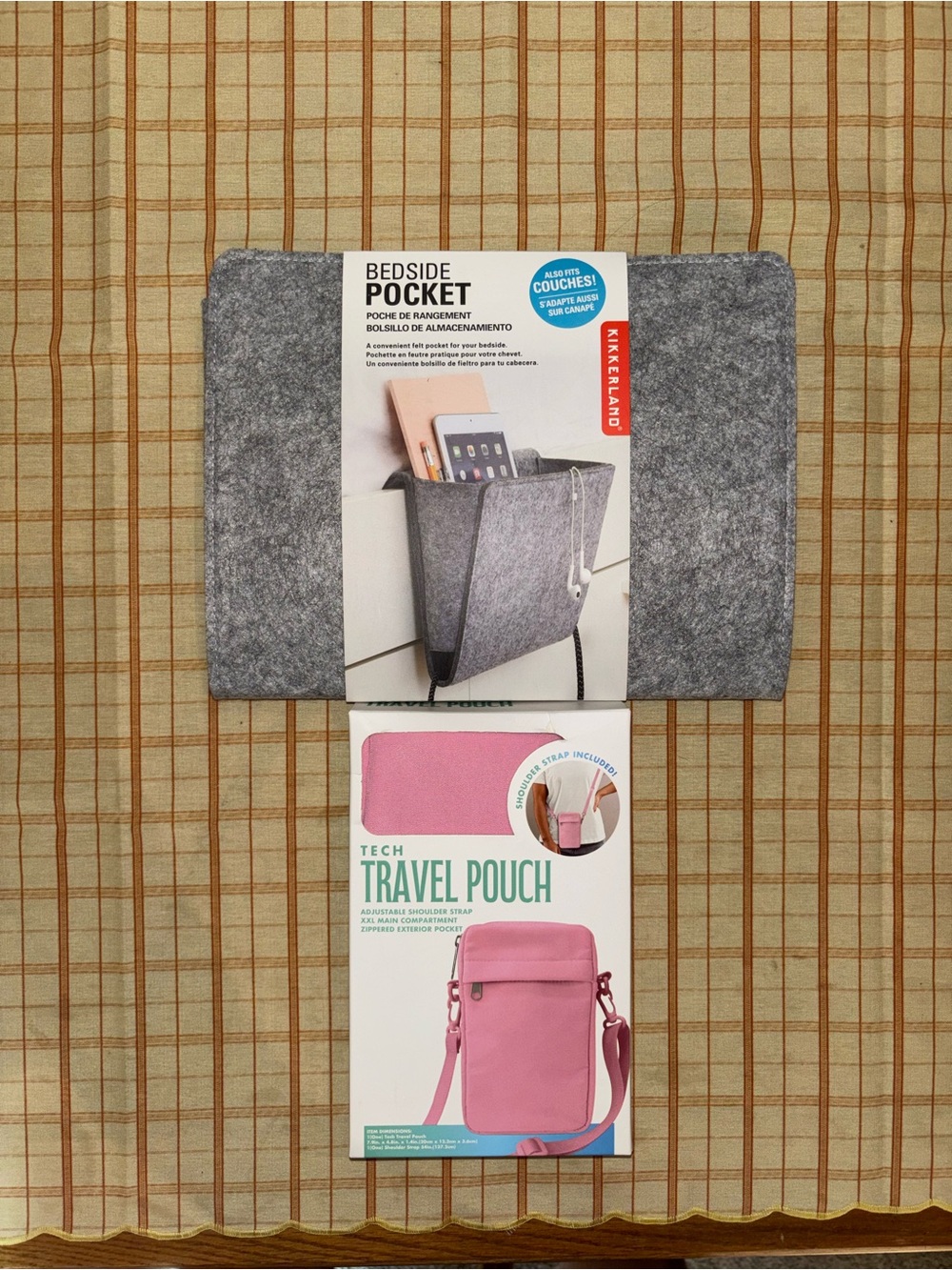 Kikkerland Gray Felt Bedside Pocket & Pink Tech Travel Pouch